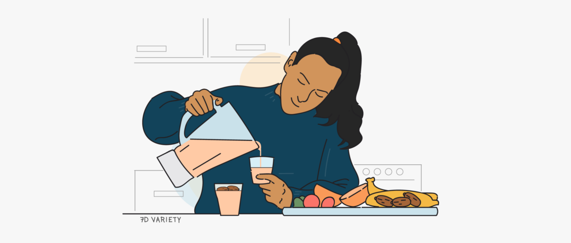 Dates in No Sugar Diet: Illustration of a woman transferring a date smoothie with other natural sources of sugar from a blender to a glass