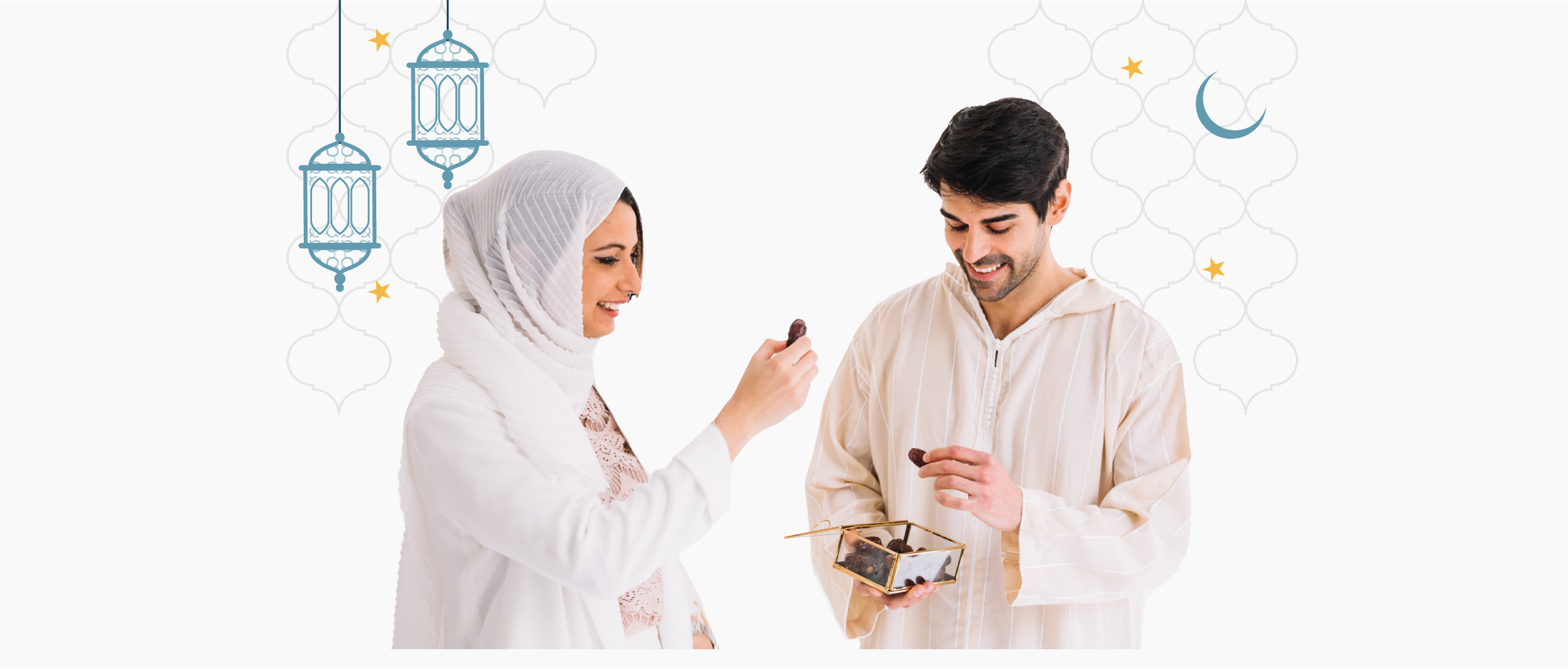 A Muslim man and woman eating dry dates